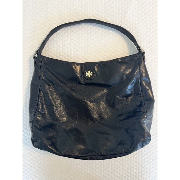 TORY BURCH Classic City Hobo Leather Shoulder Bag Slouchy Purse Brass Logo - Picture 1 of 16